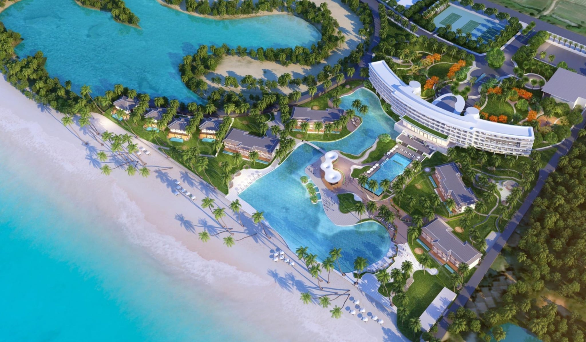 Ho Tram Beach's pristine white sand and turquoise waters with luxury resorts nestled among tropical forests